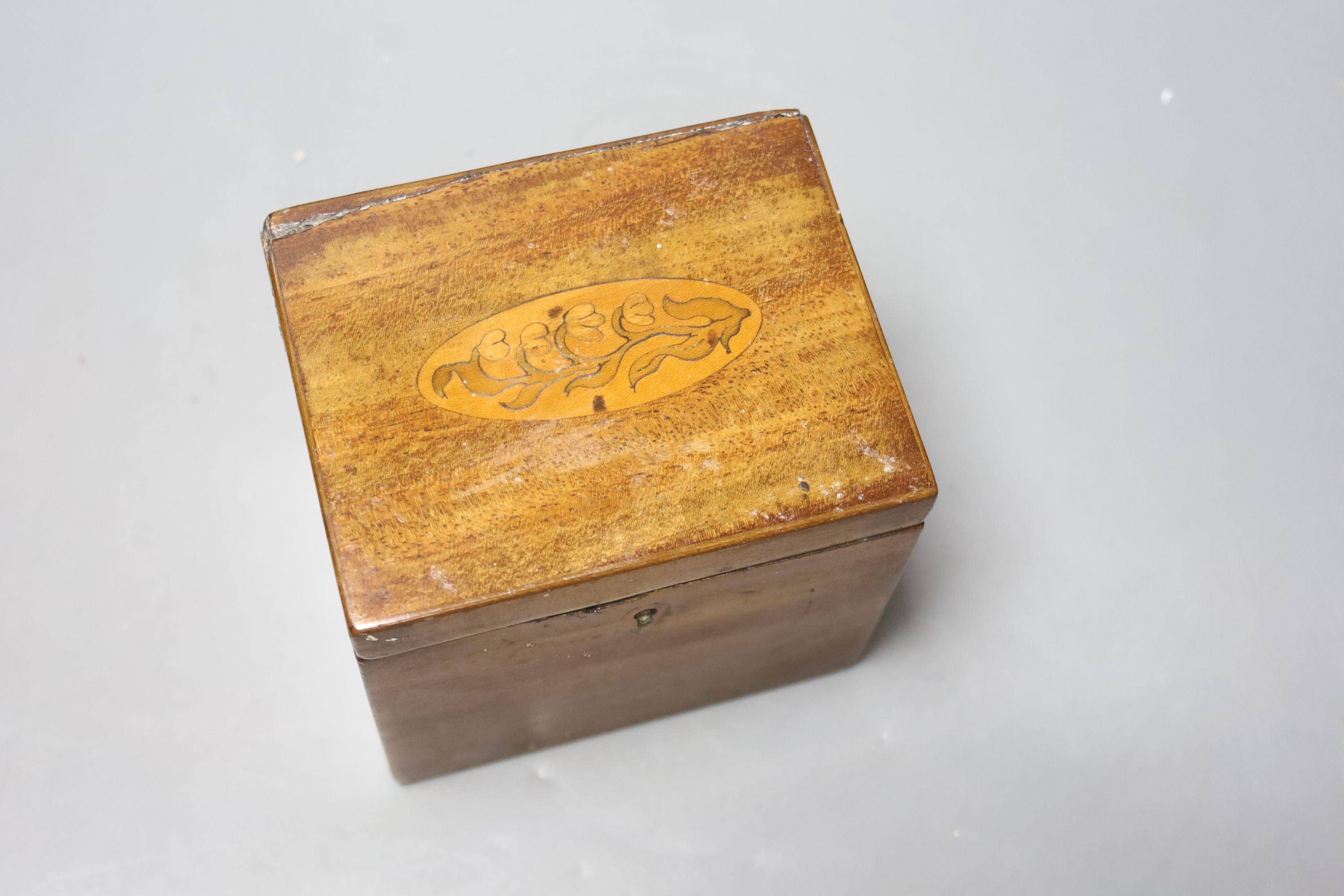 A Victorian rosewood sarcophagus tea caddy, 36.5 cm, a mahogany caddy and a Victorian Walnut and brass mounted casket